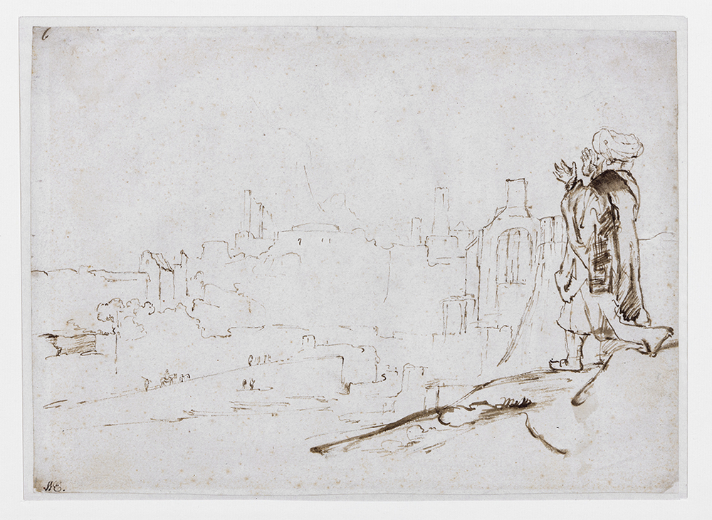 Oriëntaal nabij een stad: mogelijk Jonah neerkijkend op Ninevé